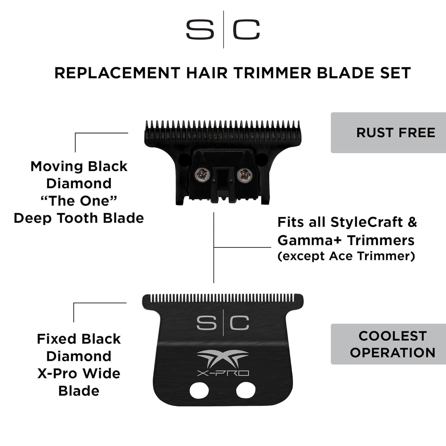 StyleCraft Replacement X-Pro Wide Fixed Black Diamond Carbon Hair Trimmer Blade with The One DLC Cutter Set