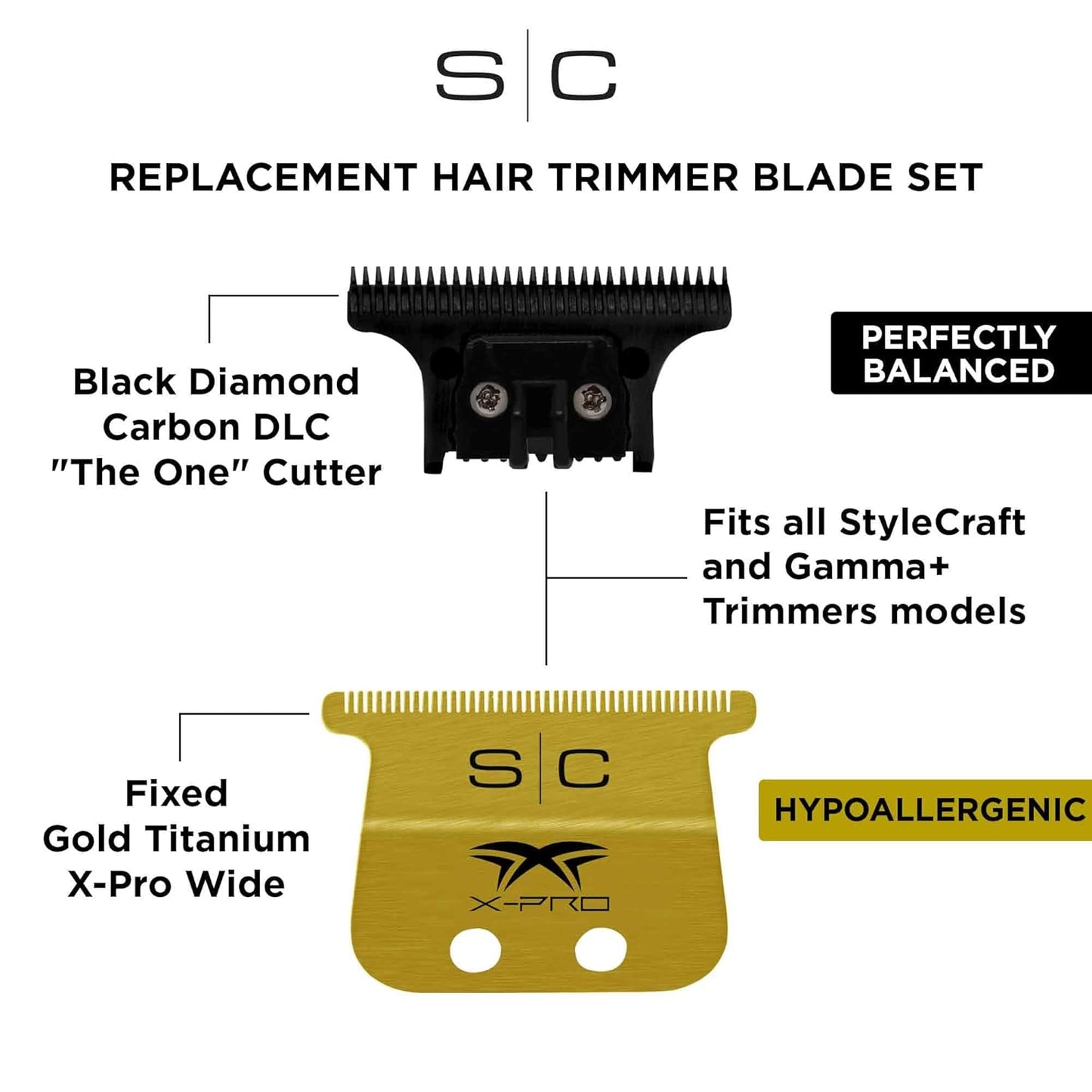 Stylecraft Replacement Fixed Gold Titanium X-Pro Wide Hair Trimmer Blade with Black Diamond Carbon DLC The One Cutter Set